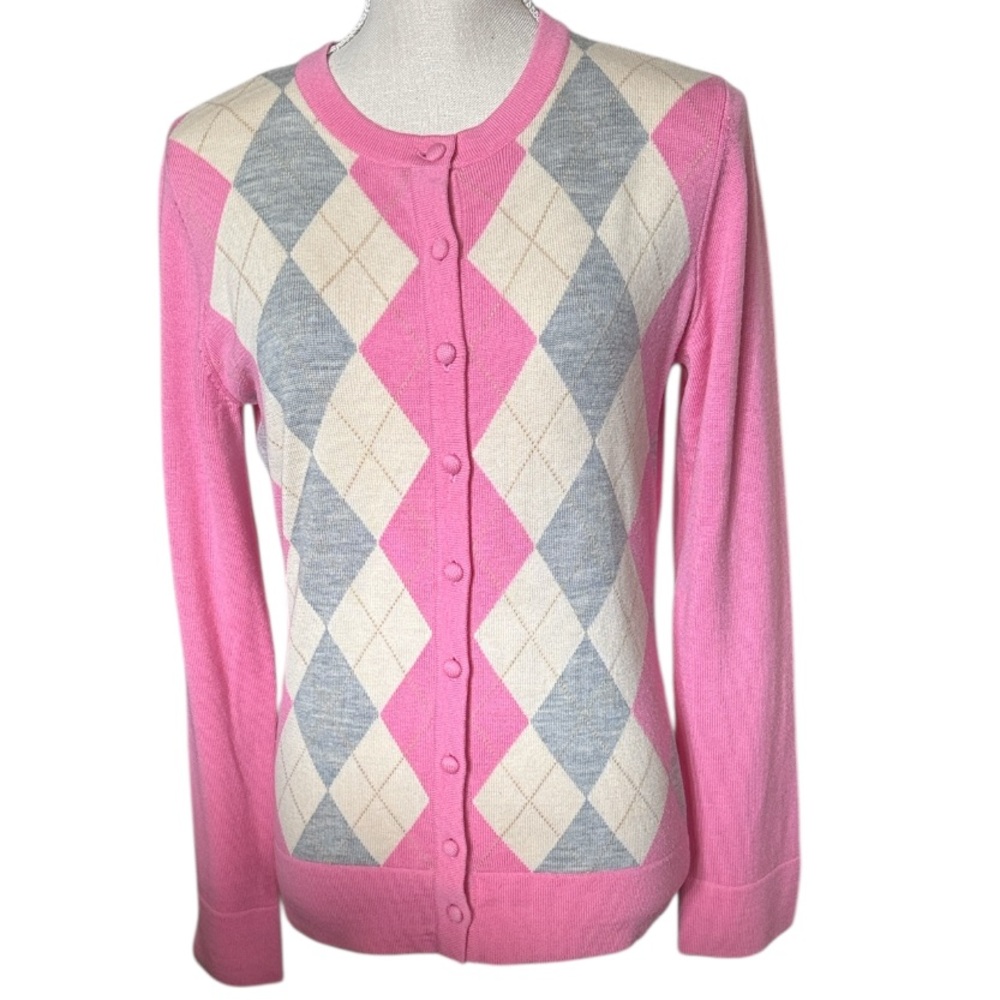 LILLY PULITIZER Argyle Pink Gray Ivory Button Sweater Merino Wool Medium - Picture 1 of 10